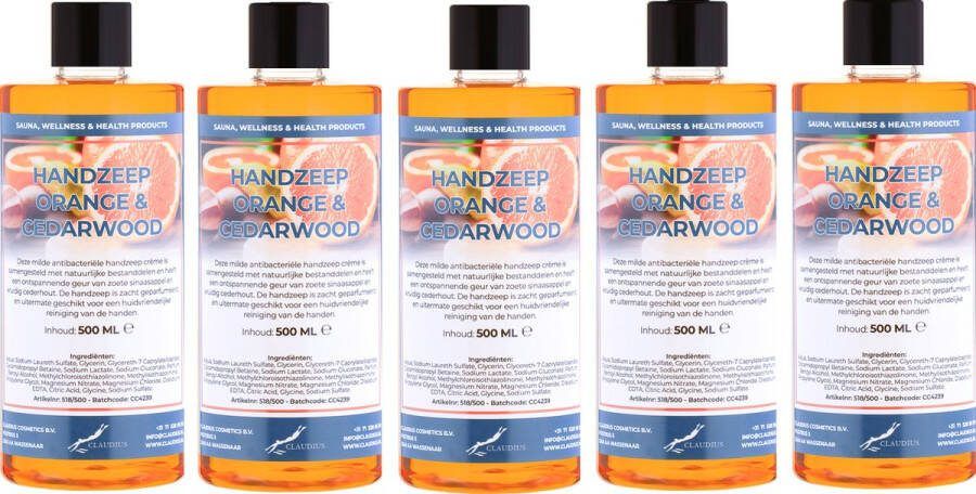 Claudius Cosmetics B.V. Handzeep Sweet Orange & Cedarwood 500 ml set van 5 stuks