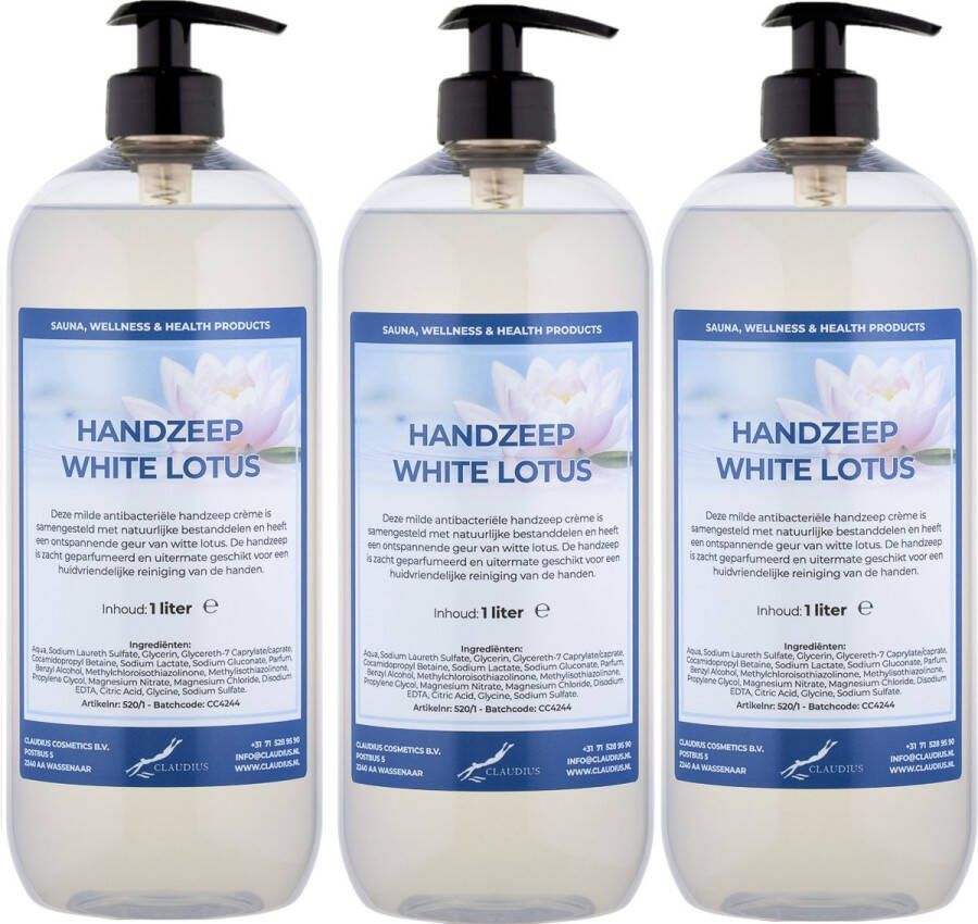 Claudius Cosmetics B.V. Handzeep White Lotus 1 liter set van 3 stuks met gratis pomp