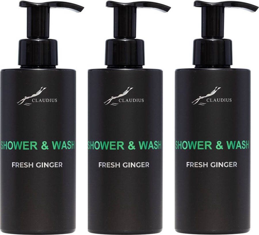 Claudius Cosmetics B.V. Shower & Wash Fresh Ginger 300 ml met pomp zwarte fles set van 3 stuks Voordeelverpakking