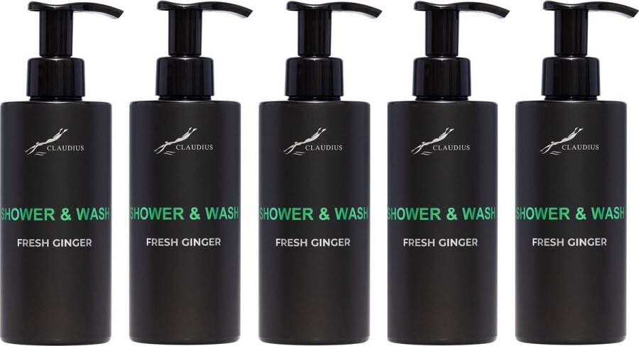 Claudius Cosmetics B.V. Shower & Wash Fresh Ginger 300 ml met pomp zwarte fles set van 5 stuks Voordeelverpakking