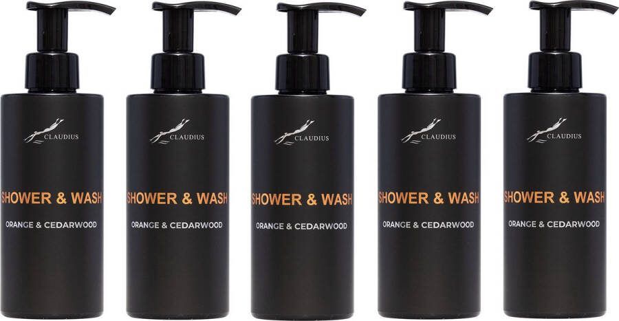 Claudius Cosmetics B.V. Shower & Wash Sweet Orange & Cedarwood 300 ml met pomp zwarte fles set van 5 stuks Voordeelverpakking
