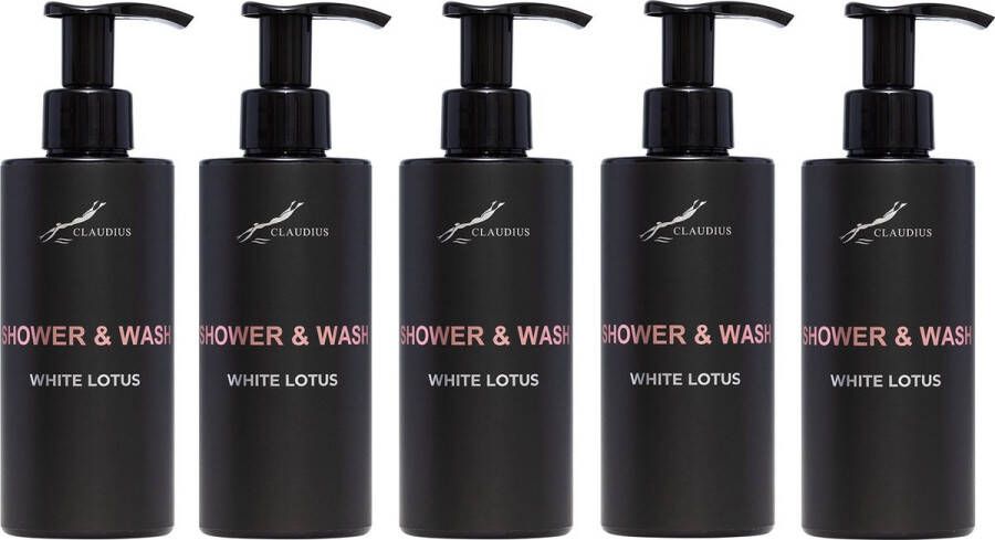 Claudius Cosmetics B.V. Shower & Wash White Lotus 300 ml met pomp zwarte fles set van 5 stuks Voordeelverpakking