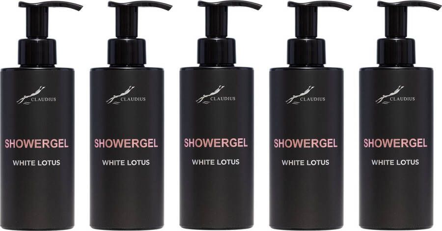 Claudius Cosmetics B.V. Showergel White Lotus 300 ml met pomp zwarte fles set van 5 stuks Douchegel Voordeelverpakking