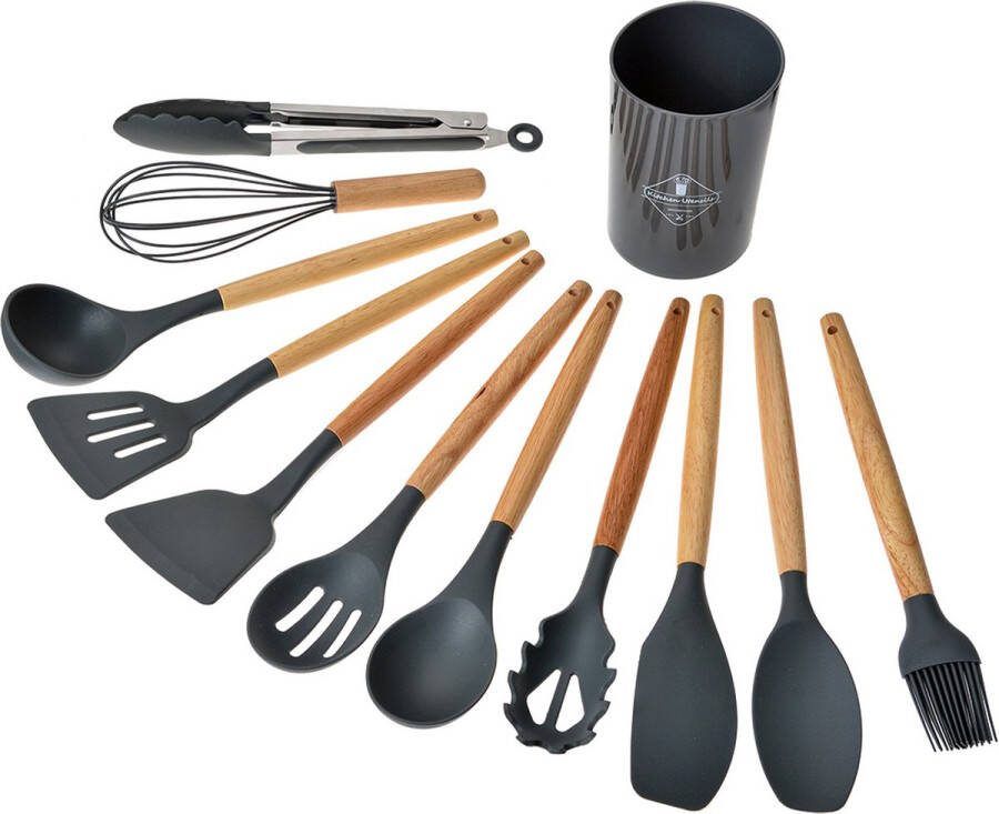 Clayre & Eef 12-delig Keukengerei met Organizer Ø 8x32 cm Grijs Siliconen