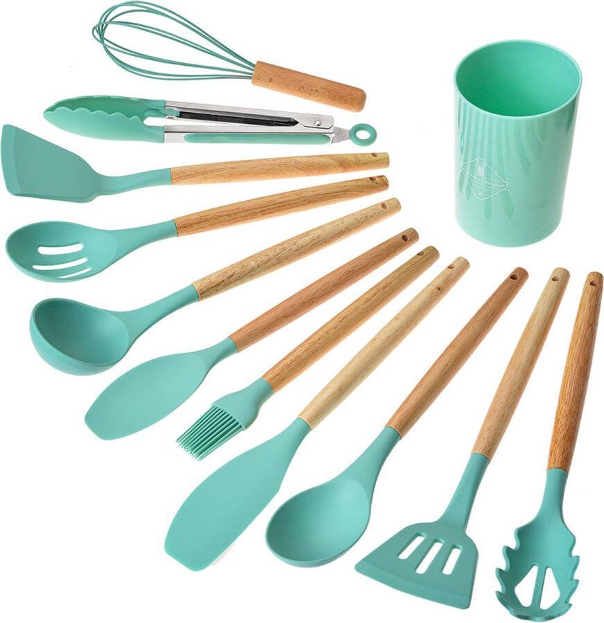 Clayre & Eef 12-delig Keukengerei met Organizer Ø 8x32 cm Groen Siliconen