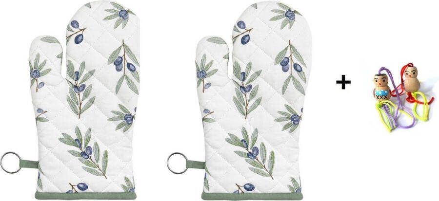 Clayre & Eef 2x Ovenhandschoen olijftakken groen 16x30 cm