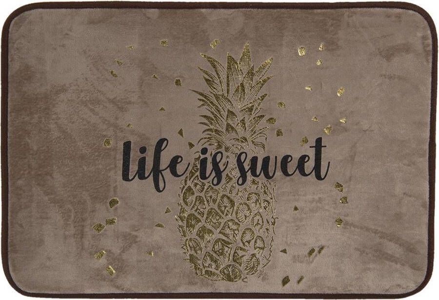 Clayre & Eef Badmat 60*40*1 cm Goudkleurig Rubber Polyester Rechthoek Ananas life is sweet Douchemat WC Mat Toiletmat