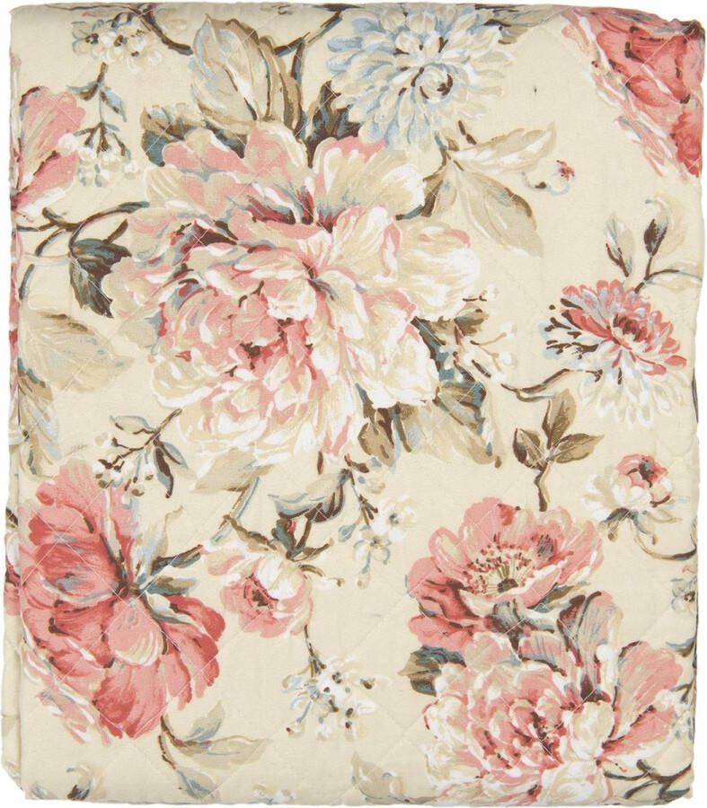 Clayre & Eef Bedsprei 140*220 cm Beige Roze Wit Polyester Katoen Rechthoek Bloemen Sprei Plaid Deken