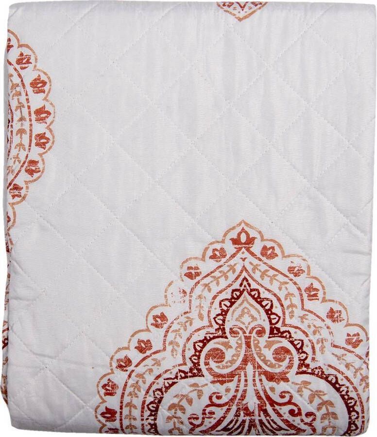 Clayre & Eef Bedsprei 140*220 cm Wit Roze Rood Polyester Rechthoek Krullen Ornamenten Sprei Plaid Deken