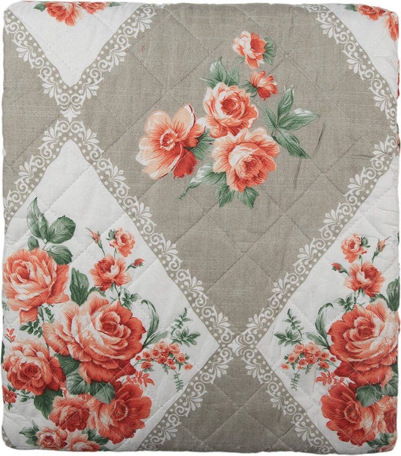 Clayre & Eef Bedsprei 240x260 cm Grijs Roze Katoen Polyester Rechthoek Bloemen Sprei Grijs Sprei