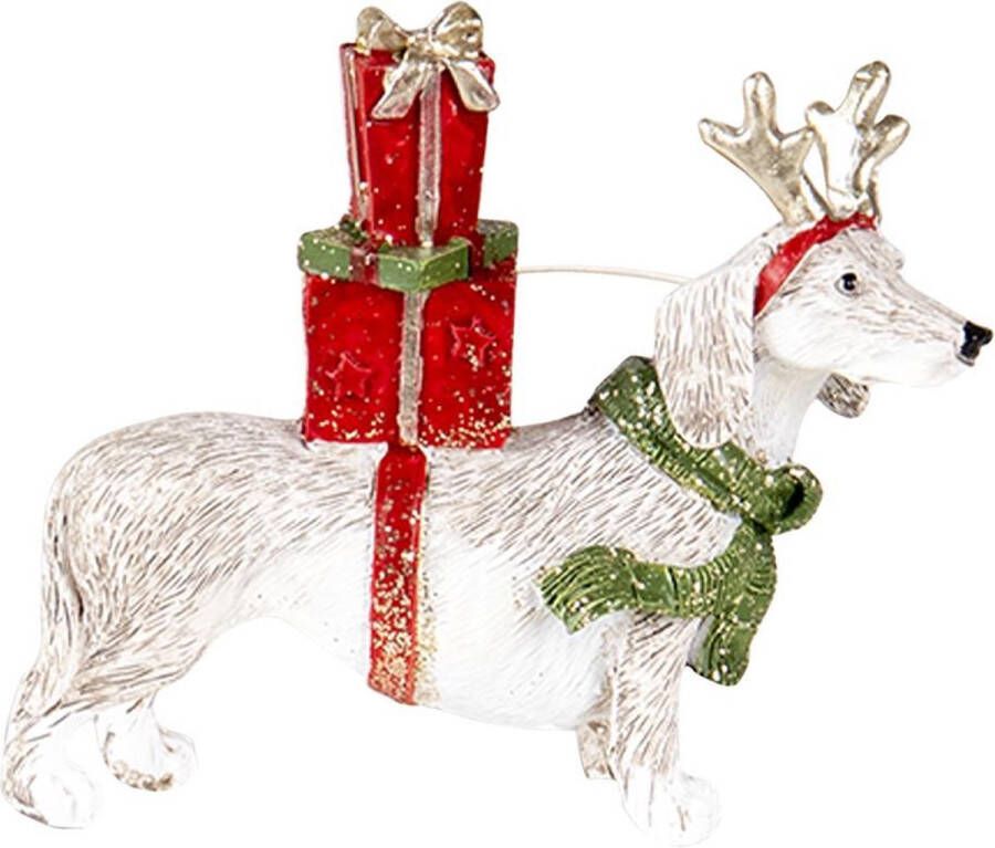 Clayre & Eef Beeld Hond 9x3x8 Cm Rood Wit Kunststof Kerstdecoratie Beeld Decoratie Decoratieve Accessoires Rood