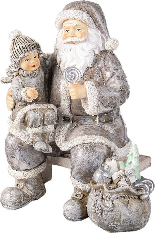 Clayre & Eef Beeld Kerstman 15x10x16 cm Grijs Kunststof Kerstdecoratie beeld decoratie Decoratieve Accessoires