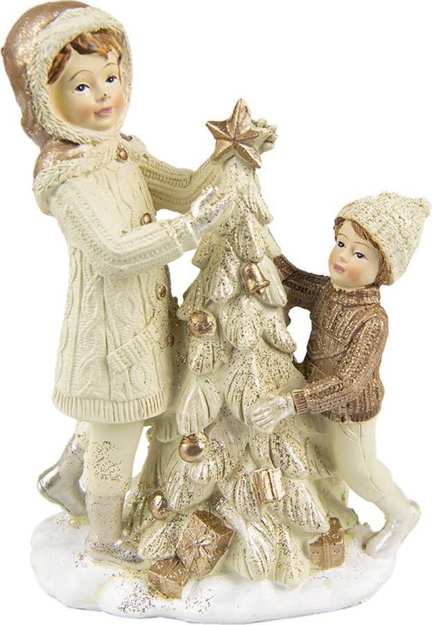 Clayre & Eef Beeld Kinderen 14 cm Beige Kunststof Kerstdecoratie Beeld decoratie Decoratieve Accessoires