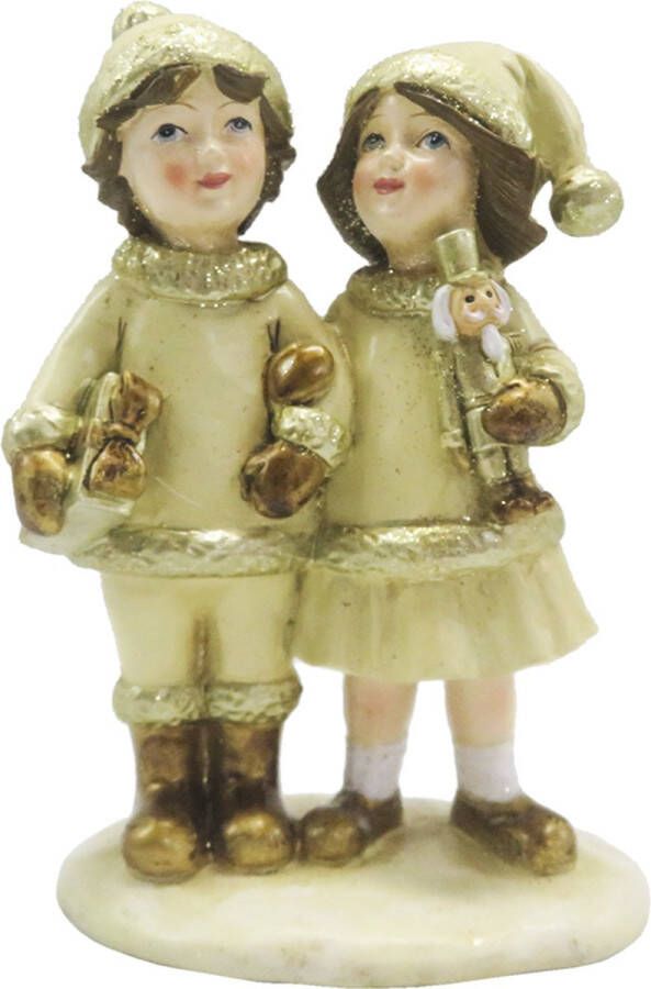 Clayre & Eef Beeld Kinderen 15 cm Beige Goudkleurig Kunststof Kerstdecoratie Beeld decoratie Decoratieve Accessoires