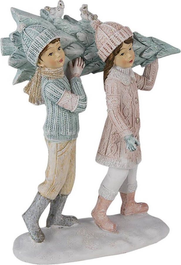 Clayre & Eef Beeld Kinderen 15 cm Groen Roze Kunststof Woonaccessoires beeld decoratie Decoratieve Accessoires