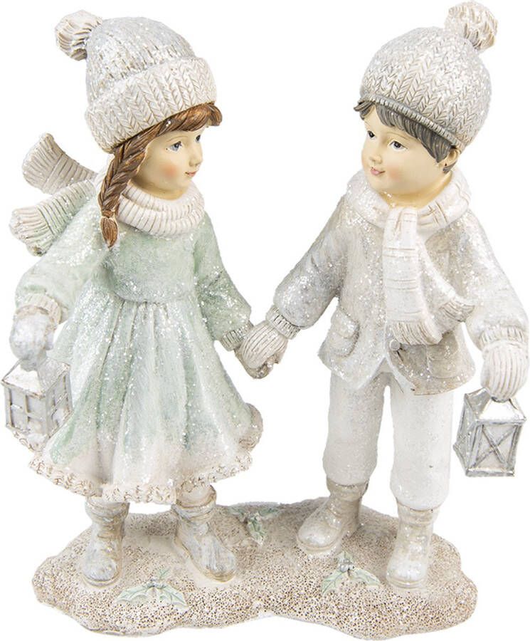 Clayre & Eef Beeld Kinderen 19 cm Wit Zilverkleurig Kunststof Kerst decoratie Decoratieve Accessoires Woonaccessoires