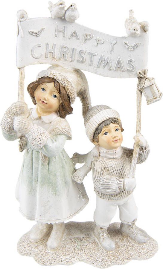 Clayre & Eef Beeld Kinderen 23 cm Beige Kunststof Happy Christmas Kerstdecoratie Beeld decoratie Decoratieve Accessoires