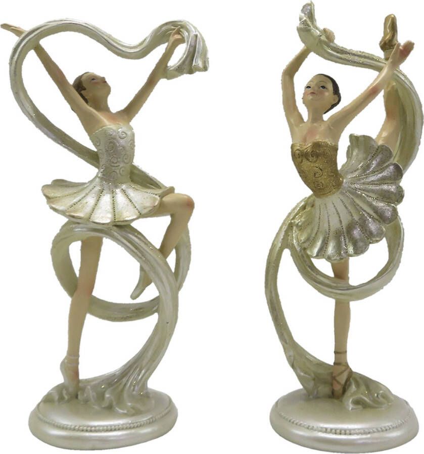 Clayre & Eef Beeld set van 2 Ballerina 18 cm Beige Goudkleurig Kunststof Decoratief Figuur Decoratieve Accessoires