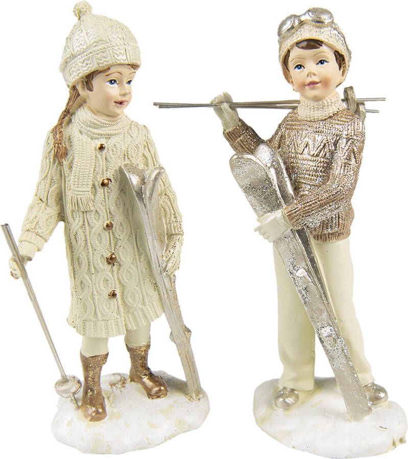 Clayre & Eef Beeld set van 2 Kinderen 14 cm Beige Kunststof Decoratief Figuur Decoratieve Accessoires Kerstdecoratie voor Binnen