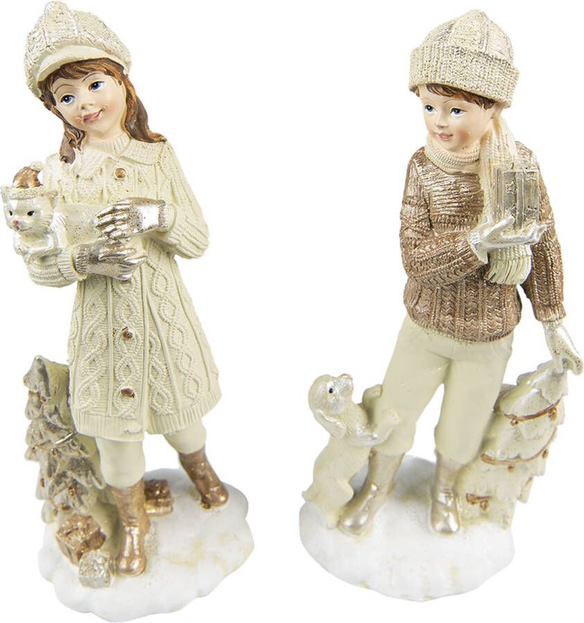 Clayre & Eef Beeld set van 2 Kinderen 22 cm Beige Kunststof Decoratief Figuur Decoratieve Accessoires Kerstdecoratie voor Binnen