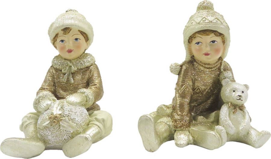 Clayre & Eef Beeld set van 2 Kinderen 9 cm Beige Goudkleurig Kunststof Decoratief Figuur Decoratieve Accessoires Kerstdecoratie voor Binnen