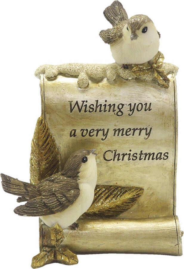 Clayre & Eef Beeld Vogels 15 cm Goudkleurig Bruin Kunststof Merry Christmas Woonaccessoires Beeld decoratie Decoratieve Accessoires