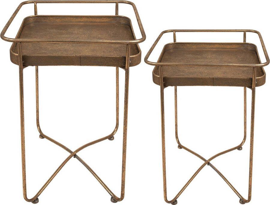 Clayre & Eef Bijzettafel Set van 2 38x38x53 cm Goudkleurig Metaal Vierkant Sidetable Goudkleurig Sidetable