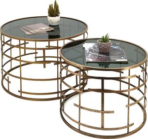 Clayre & Eef Bijzettafel Set van 2 Ø 75 Ø 60 cm Goudkleurig Metaal Glas Rond Salontafel Goudkleurig Salontafel