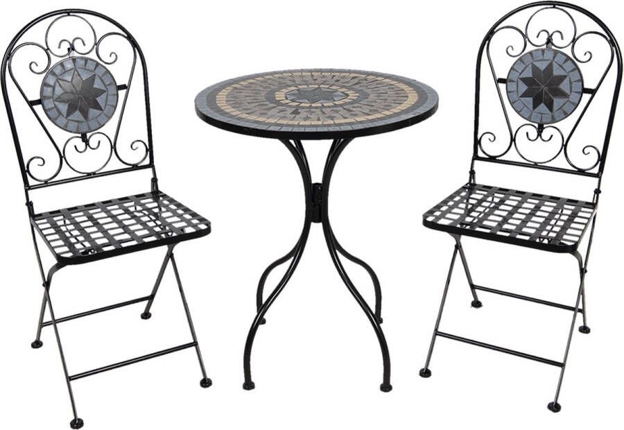 Clayre & Eef Bistroset Bistrotafel Bistrostoel 3-delig Ø 60x72 cm Zwart Grijs Ijzer Rond Balkonset