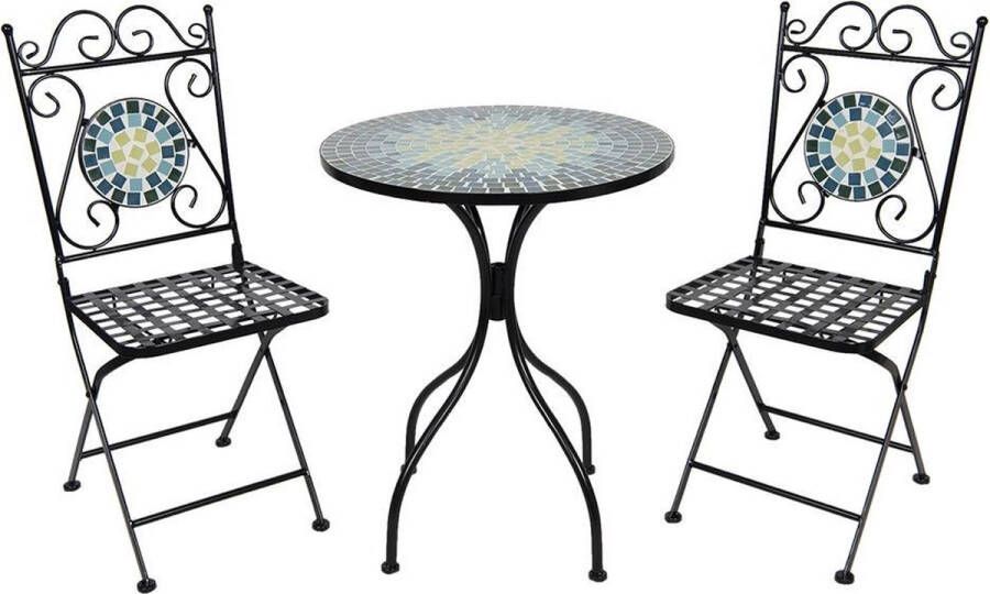Clayre & Eef Bistroset Bistrotafel Bistrostoel 3-delig Ø 60x72 Cm Zwart Groen Ijzer Rond Balkonset Tuinset Zwart