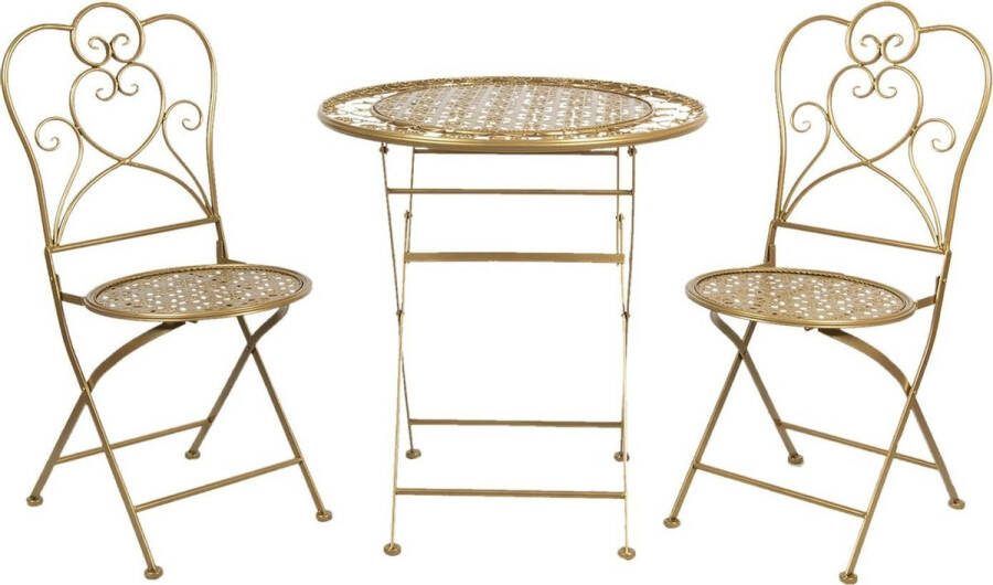 Clayre & Eef Bistroset Bistrotafel Bistrostoel 3-delig Ø 70x75 Goudkleurig Ijzer Rond Balkonset Tuinset Goudkleurig
