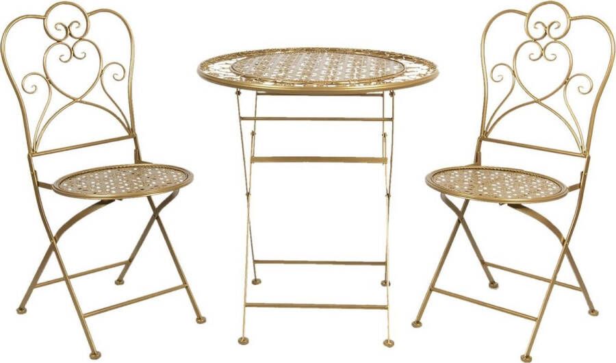 Clayre & Eef Bistroset Bistrotafel Bistrostoel (3-delig) 5Y0222GO Ø 70*75 cm Goudkleurig Ijzer BalkonsetTuinsetTerrasset