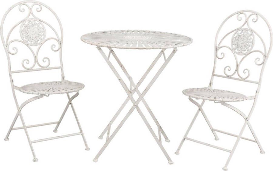Clayre & Eef Bistroset Bistrotafel Bistrostoel 3-delig Ø 70x76 cm Wit Ijzer Balkonset