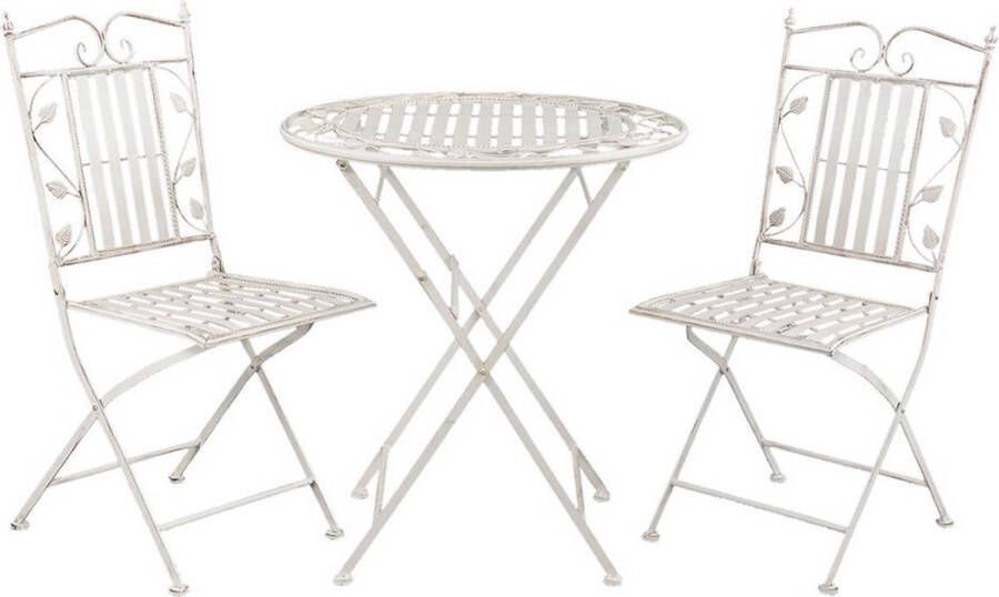 Clayre & Eef Bistroset Bistrotafel Bistrostoel 3-delig Ø 70x77 cm Wit Ijzer Bladeren Balkonset