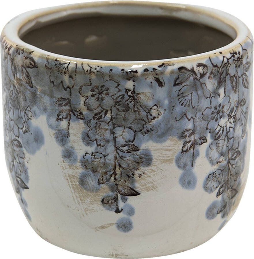 Clayre & Eef Bloempot Ø 10x8 cm Blauw Beige Keramiek Rond Bloemen Bloempot binnen