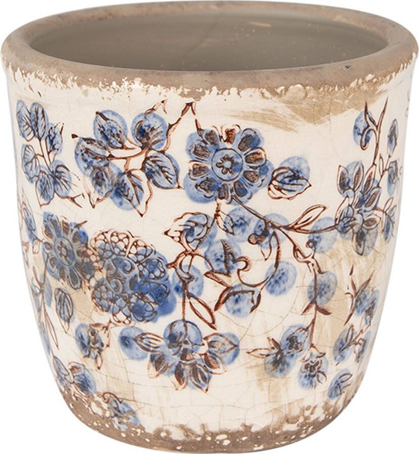 Clayre & Eef Bloempot Ø 11x10 cm Beige Blauw Keramiek Bloemen Bloempot Binnen