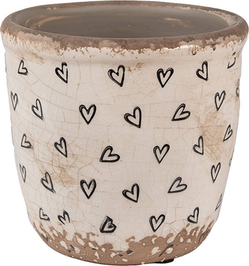 Clayre & Eef Bloempot Ø 11x11 cm Beige Zwart Keramiek Hartjes Bloempot Binnen