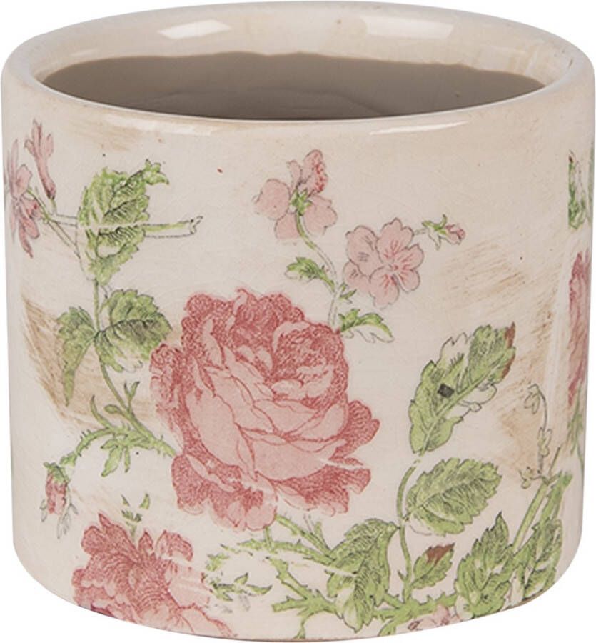 Clayre & Eef Bloempot Ø 11x9 cm Beige Roze Keramiek Bloemen Bloempot Binnen