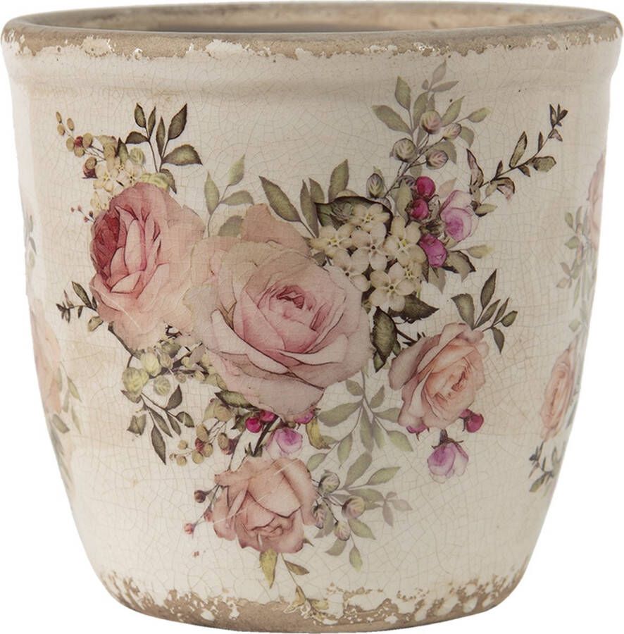 Clayre & Eef Bloempot Ø 12x12 cm Roze Beige Keramiek Rond Bloemen Bloempot binnen Plantenpot Plant pot