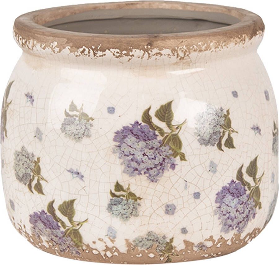 Clayre & Eef Bloempot Ø 12x10 cm Beige Blauw Keramiek Bloemen Bloempot Binnen