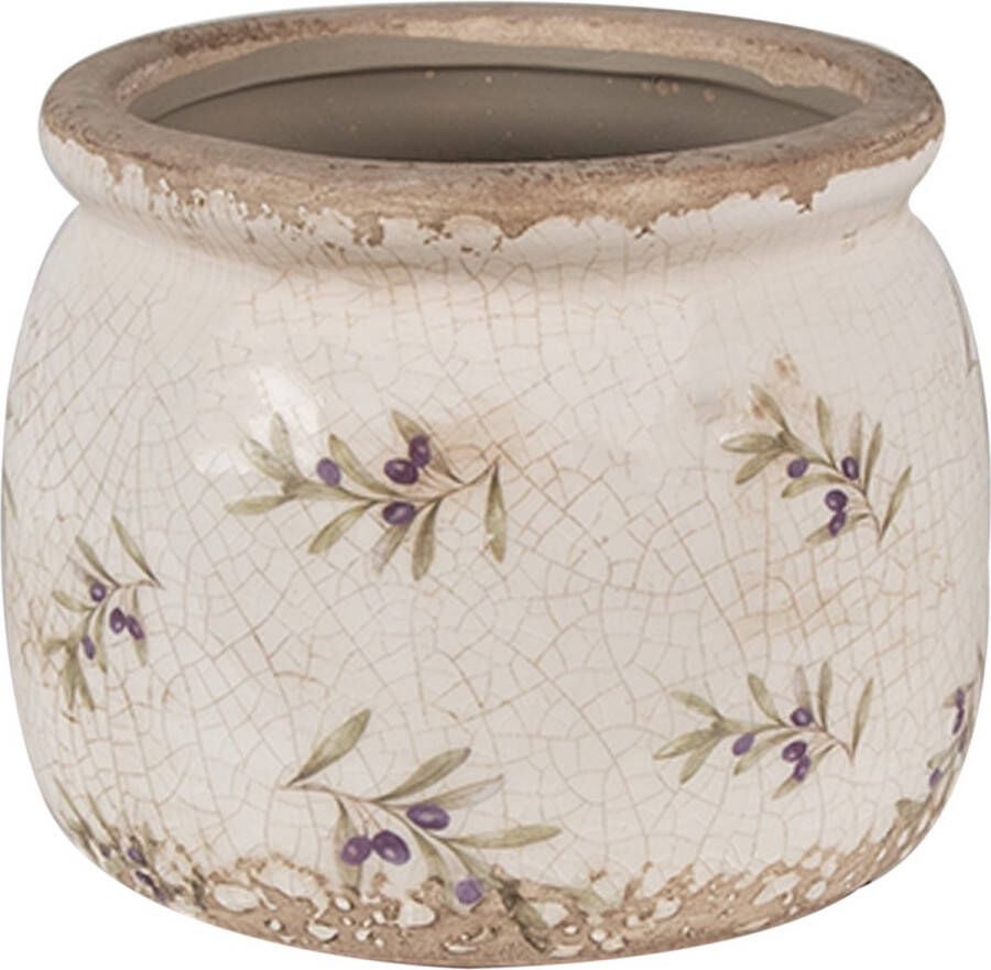 Clayre & Eef Bloempot Ø 12x10 cm Beige Blauw Keramiek Olijven Bloempot Binnen
