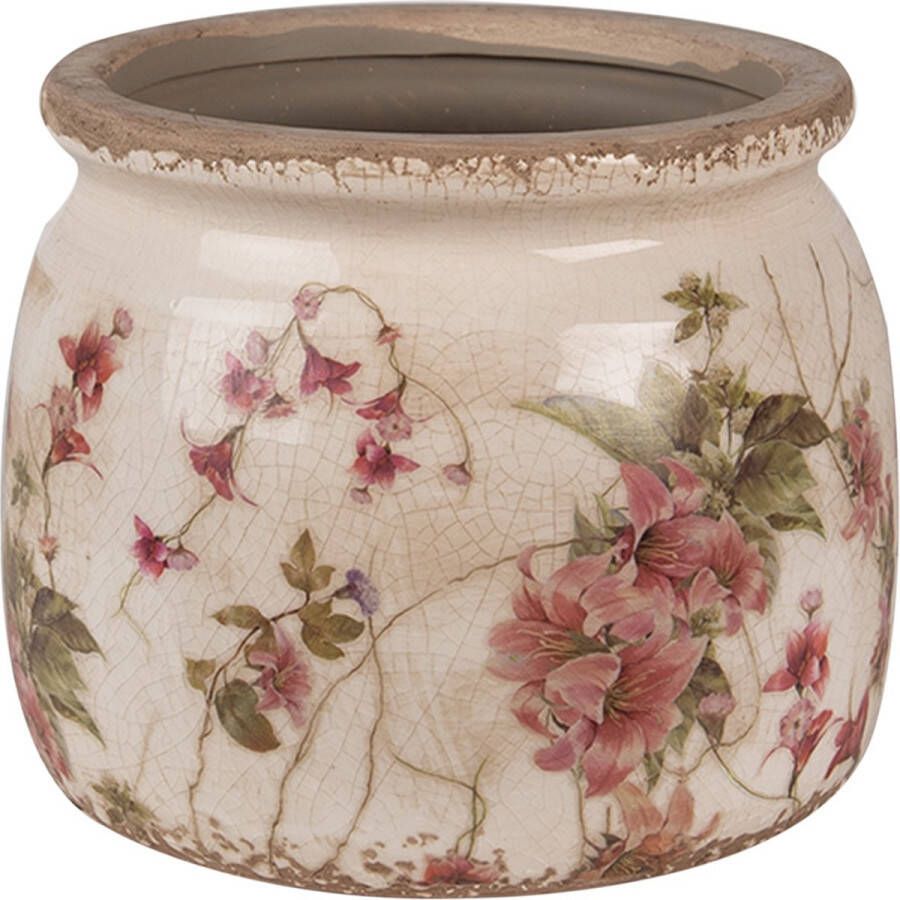 Clayre & Eef Bloempot Ø 12x10 cm Beige Roze Keramiek Bloemen Bloempot Binnen