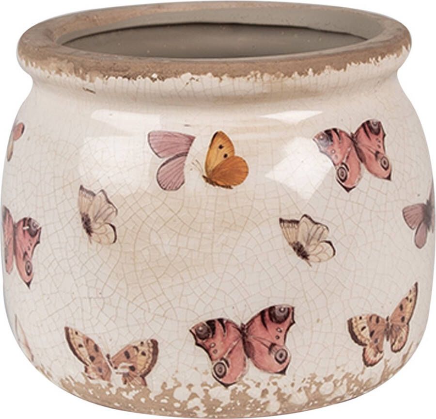 Clayre & Eef Bloempot Ø 12x10 cm Beige Roze Keramiek Vlinders Bloempot Binnen