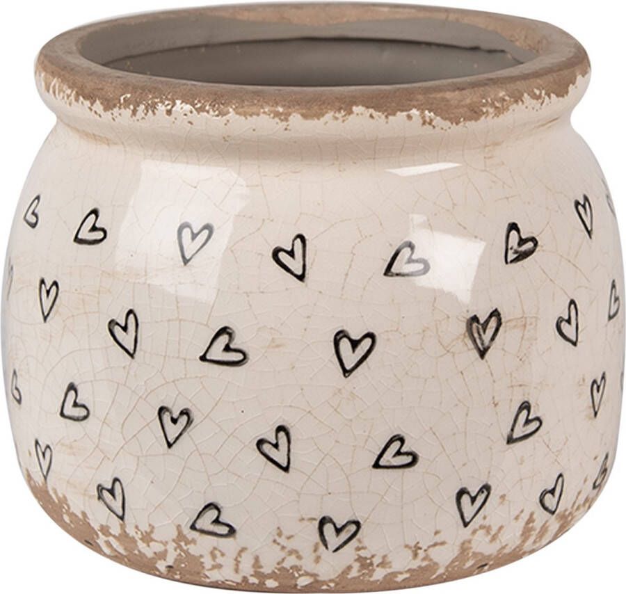 Clayre & Eef Bloempot Ø 12x10 cm Beige Zwart Keramiek Hartjes Bloempot Binnen Beige Bloempot Binnen