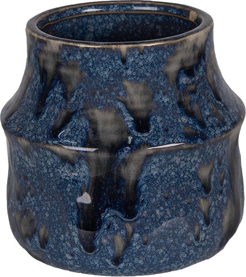 Clayre & Eef Bloempot Ø 12x11 Cm Blauw Keramiek Bloempot Binnen Plantenpot Plant Pot Blauw Bloempot Binnen Plantenpot