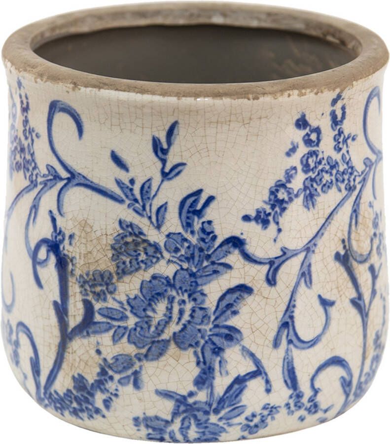 Clayre & Eef Bloempot Ø 12x11 cm Blauw Wit Keramiek Rond Bloemen Bloempot binnen Plantenpot Plant pot