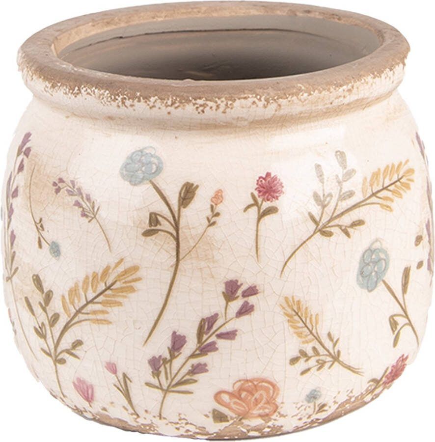 Clayre & Eef Bloempot Ø 12x9 Cm Roze Groen Keramiek Bloemen Bloempot Binnen Plantenpot Plant Pot Roze Bloempot Binnen