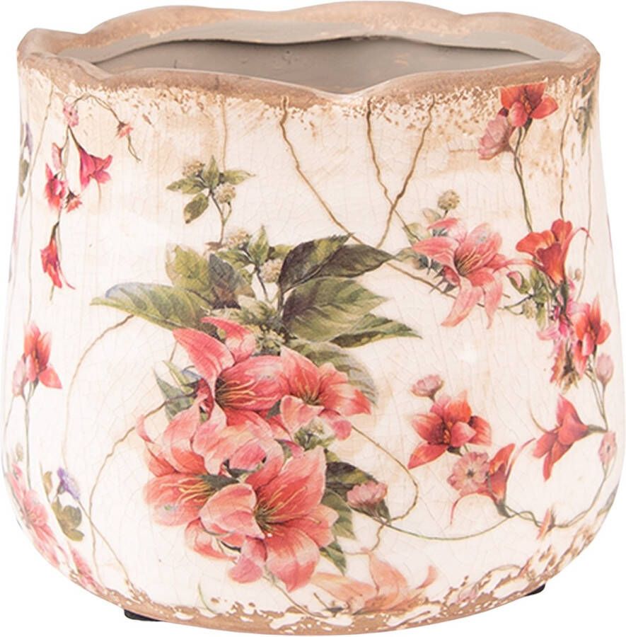 Clayre & Eef Bloempot Ø 13x11 Cm Roze Beige Keramiek Bloemen Bloempot Binnen Plantenpot Plant Pot Roze Bloempot Binnen