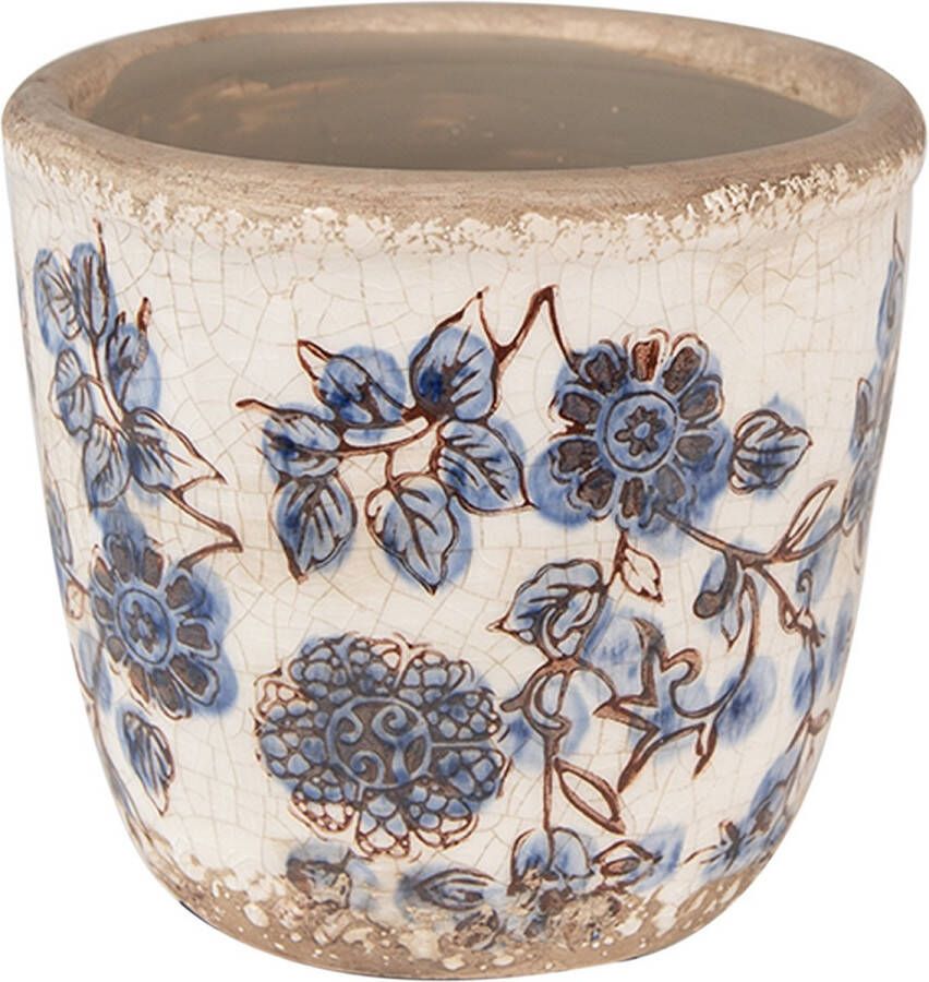 Clayre & Eef Bloempot Ø 13x12 cm Beige Blauw Keramiek Bloemen Bloempot Binnen