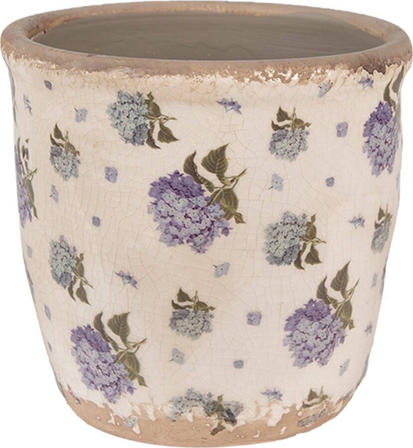 Clayre & Eef Bloempot Ø 13x12 cm Beige Blauw Keramiek Bloemen Bloempot Binnen